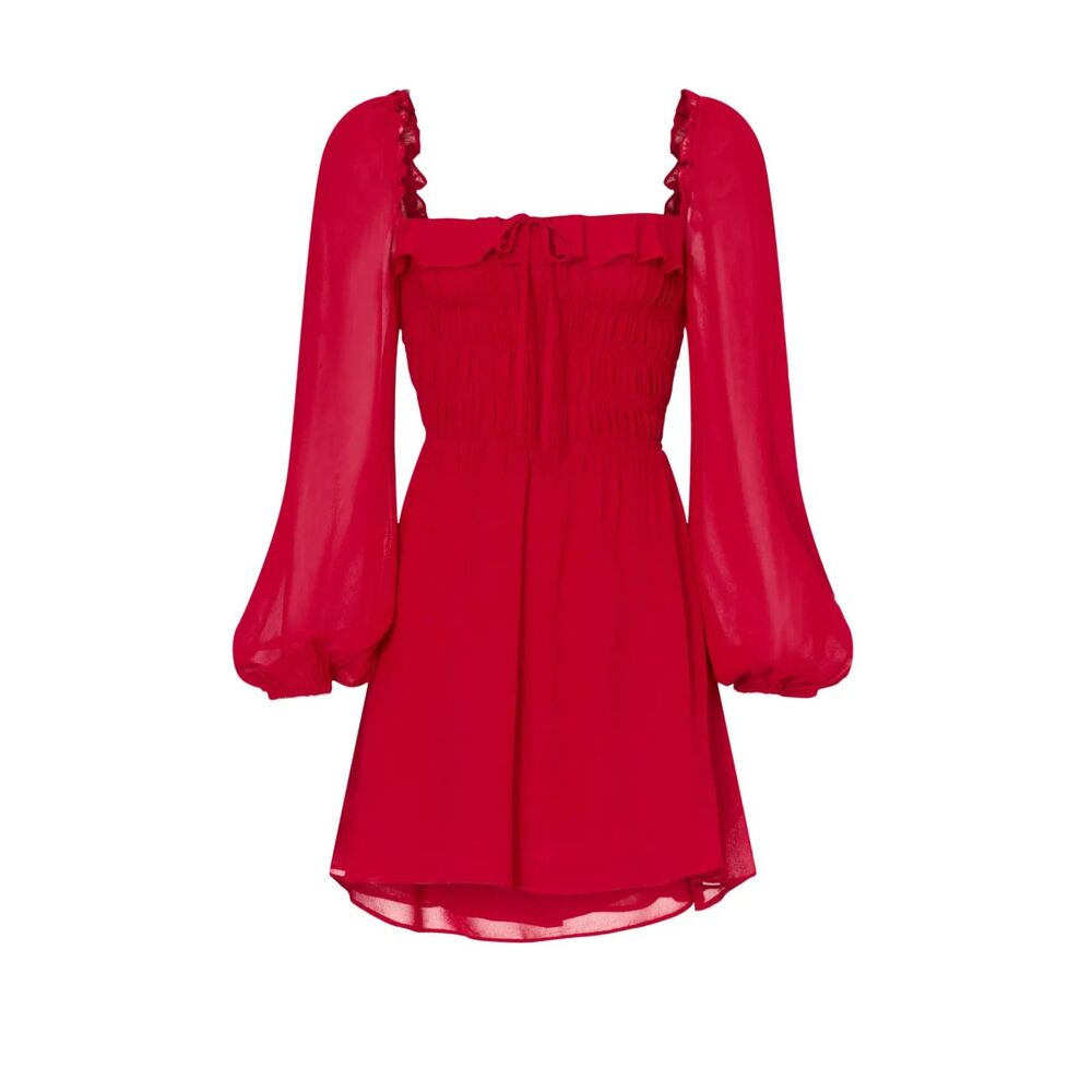 Reformation Morris Bright Red Ruffle Smocked Mini Dress NWOT Sz 8